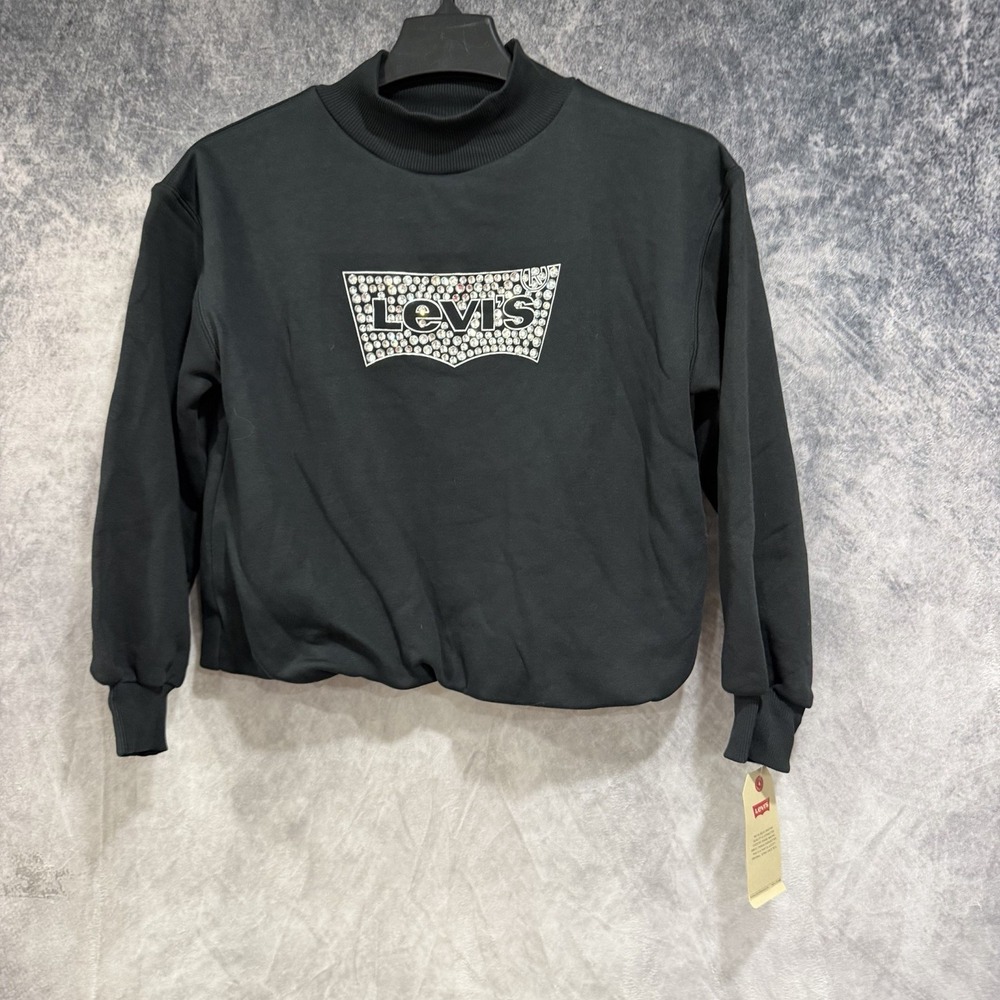 Levi's Girls Black Rhinestone Logo Mock Neck Sweatshirt L Style Fashion Bling